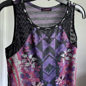 CUSTO Barcelona Sleeveless Mixed Print Knit Tank Top Size S  Black Purple Silver